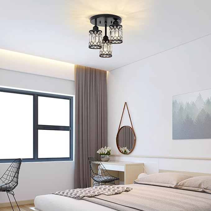 Semi Flush Mount Ceiling Light,3-Light Modern Crystal Close to Ceiling Light Fixtures, Black Kitchen Light Fixtures with Clear Crystal Shade,Hallway Light Fixtures for Hallway Bedroom Bathroom