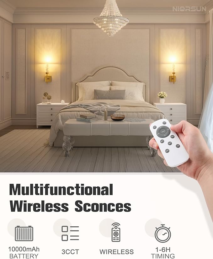 NIORSUN Crystal-Inspired Bubble Wireless Wall Sconces, 10000mAh Battery Operated Wall Sconces Set of 2, 3 Color Temps Rechargeable Wall Lights with Remote, Dimmable Wall Lamp for Living Room Bedroom