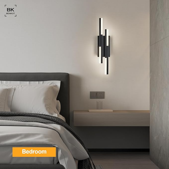 Benkut Modern LED Wall Sconce Black Remote Wall Light Fixtures for Bathroom, Dimmable Vanity Light Indoor LED Remote Wall Sconce for Bedside Bedroom Living Dining Room (1 Pack 3000-6500K 19.7inch)