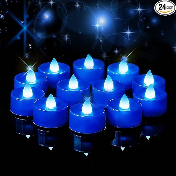 Amagic Blue LED Tea Lights Candles, 24 Pack Battery Operated Flameless Tea Lights, Long Lasting Colored Tealights Candles for Halloween and Festival Celebration, Party, Wedding Table Decor, Birthday