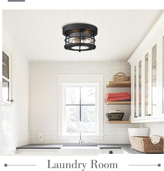 Emliviar 2-Light Round Ceiling Light Fixture, Farmhouse Flush Mount Ceiling Light 10 Inch, Black Finish, WE2085F BK