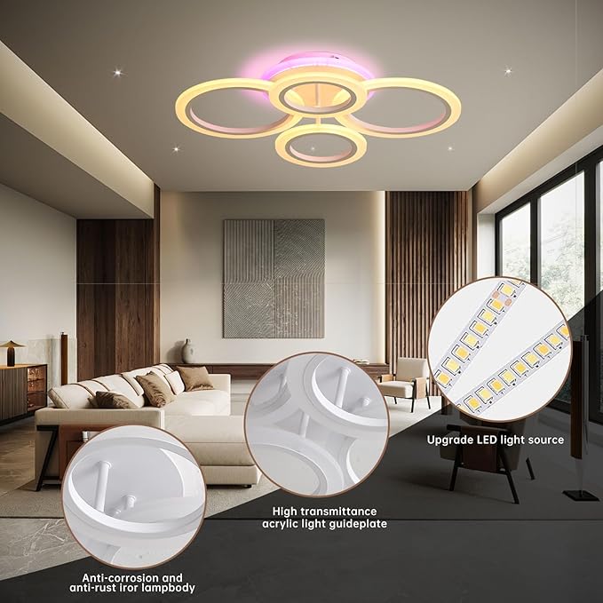 Modern Flush Mount Ceiling Light, Dimmable 4 Rings Kitchen Light Fixture for Living Room, Bedroom, Laundry Room, 3000-6000K, White