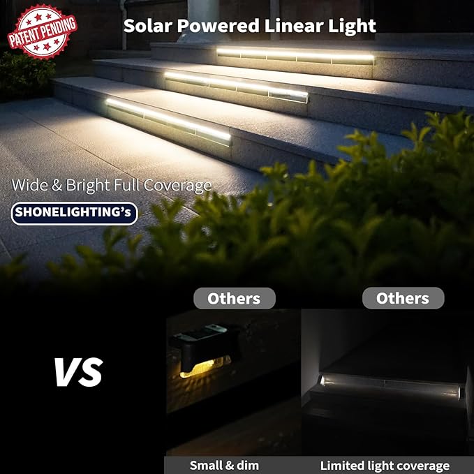 SHONELIGHTING Solar Step Lights for Outside, 33 Focused-Beam High-Brightness LEDs, Waterproof Aluminum Outdoor Stair Light for Risers, Curbsides, Poolsides, Planter Edges (Warm White, 2Pack)