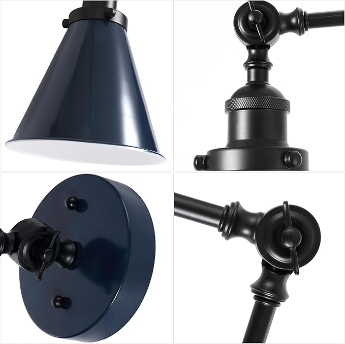 JONATHAN Y 7" Navy/Black Classic Industrial Metal Adjustable Arm LED Wall Sconce for Bedside Reading, Farmhouse Swing Arm Wall Lamp with Metal Shade, Hardwired (JYL7462G-SET2)