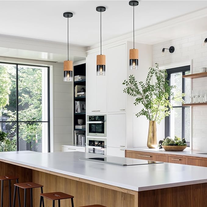 2-Pack Modern Pendant Lights for Kitchen Island, Adjustable Black Pendant Light Fixtures with Raw Wood Grain, Industrial Glass Pendant Lights for Dining Table Hallway Bedroom Living Room