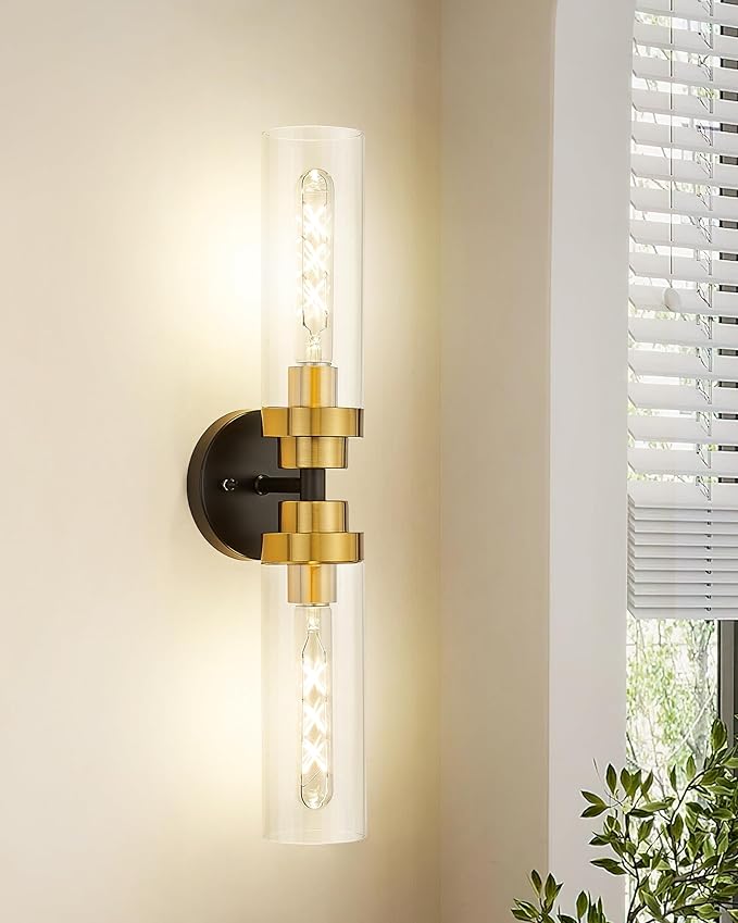 Emak Black and Gold Vanity Lights for Mirror, Modern 22 Inch Bathroom Light Fixtures with Clear Glass Shade, 2-Light Cylinder Wall Sconce for Bathroom, Bedroom, Hallway, VL085-BKBGD-2