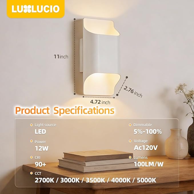 White 2Pack Wall Lights for Up and Wall Light, 5%-100% Dimmable, Modern Porch Light, IP65 Waterproof, 120V, 12W, 2700K-5000K 5Color Selectable CRI90+, ETL FCC