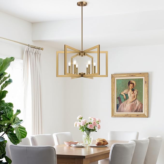 25" Modern Brass Chandelier for Dining Room, No Assembly Required Brass Dining Room Light Fixture Over Table, Industrial Metal Hanging Pendant Lights Fixture for Kitchen Island, Entryway, Foyer