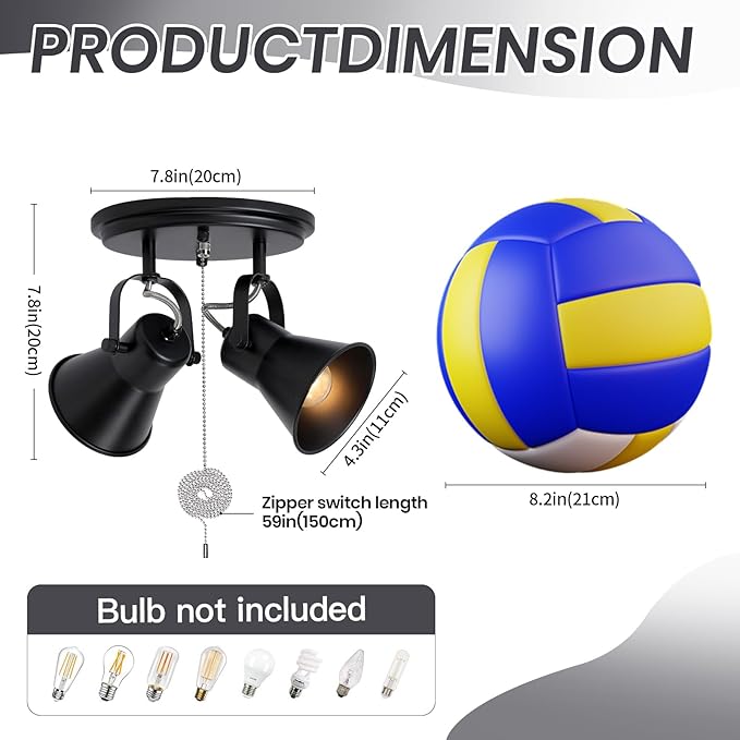 SEEBLEN 2-Light Black Track Lighting with Pull Chain, Industrial Adjustable Pull Chain Light Fixture Round Ceiling Light, Modern Flush Mount for Kitchen, Hallway, Dining Room