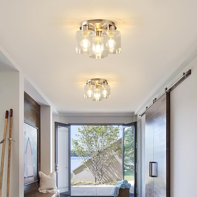 OKELI 3-Lights Semi Flush Mount Ceiling Light Fixture, Brushed Nickel Modern Close to Ceiling Light for Kitchen, Foyer, Entryway, Hallway, Dining Room, Clear Glass Shade