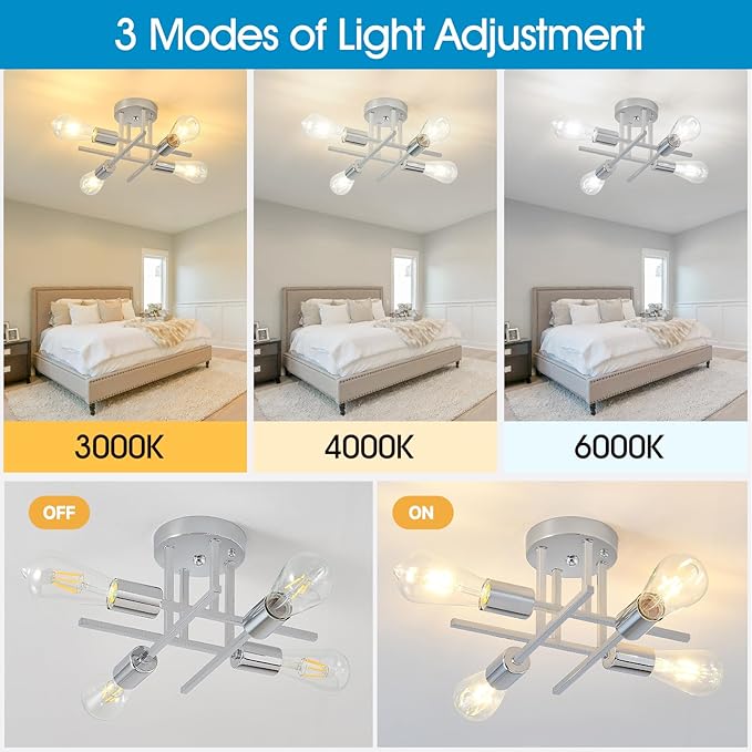 EGM Chrome Semi Flush Mount Ceiling Lights, 4-Light Modern Kitchen Ceiling Light Fixture with E26 Bulb Base, Industrial Sputnik Chandelier for Dining Room Foyer Bedroom Office (1 Pack)