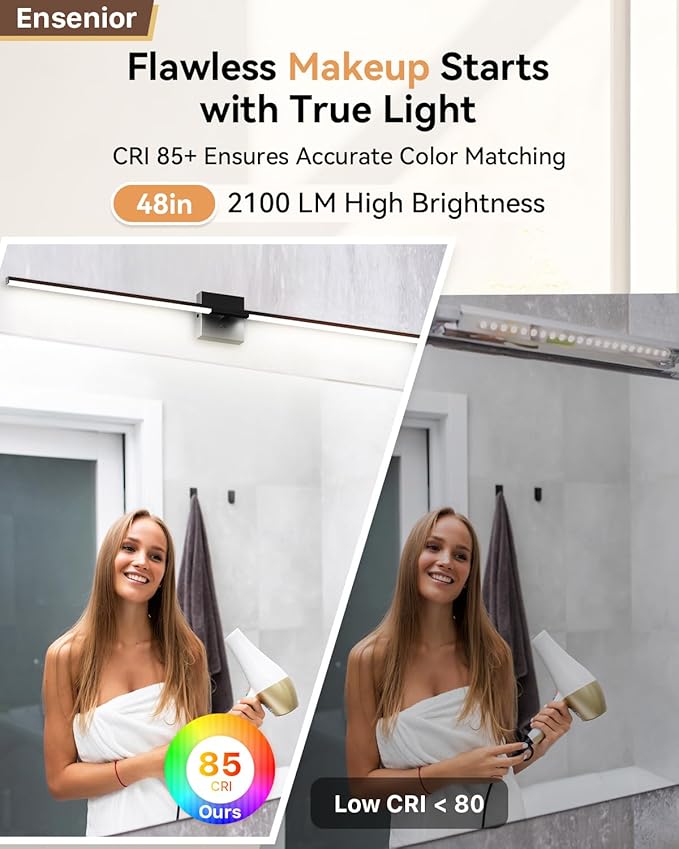 Ensenior Modern Bathroom Vanity Light 48 inch, Built-in Dimmer, 28W Dimmable 5CCT Led Bath Lights, Black Bar Vanity Lights for Bathroom Mirror Cabinets Bedroom-FCC & ETL Certificated
