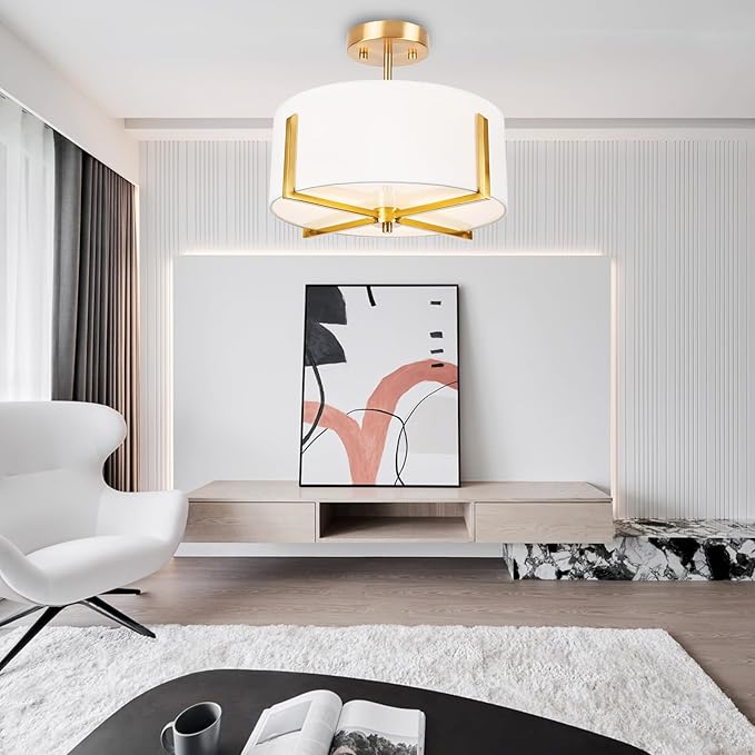 Edwarmlux 3-Light Semi Flush Mount Ceiling Light Fixture, 13.7" Gold Drum Light with White Fabric Shade, Modern Close to Ceiling Lamp for Living Room Bedroom Dining Room Kitchen Hallway Entry Foyer