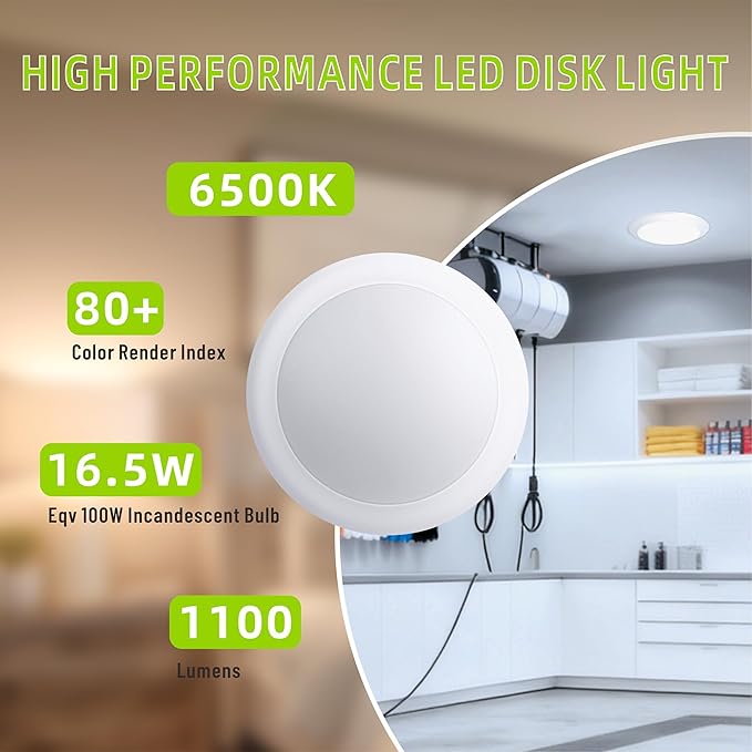 6 Inch LED Disk Light 6500K 6-Pack, Bright Daylight 16.5W Dimmable 1100LM, CRI80, High Output for Garage,Kitchen,Bathroom, ETL FCC Listed