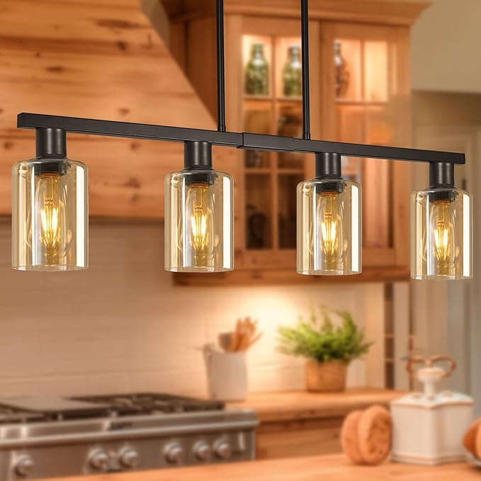 4-Light Kitchen Island Lighting, Black Dining Room Light Fixture with Adjustable Rods & Amber Glass Shades, Farmhouse Decor Black Metal Chandelier with Seeded Glass Shade, Island Lights for Kitchen