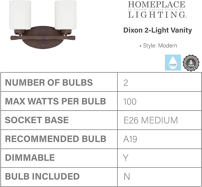 HomePlace by Capital Lighting 115221BZ-338 Dixon Modern Soft White Glass Bathroom Vanity Wall Light, 2-Light 200 Total Watts, 9" H x 13" W, Bronze