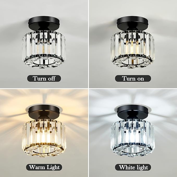 2 Pack Small Crystal Semi Flush Mount Ceiling Light Fixture Modern Black Mini Round Chandelier Metal E26 Ceiling Lamp for Hallway Bathroom Entryway Kitchen Closet
