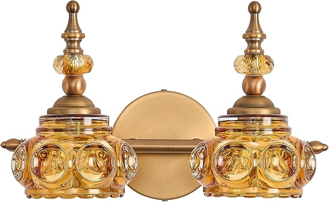 Vintage 2-Light Bathroom Lighting Amber Rose Vanity Light Fixtures Wall Sconce with Crystal Glass Shade Rust-Proof and Durable for Bedroom Living Room Hallway