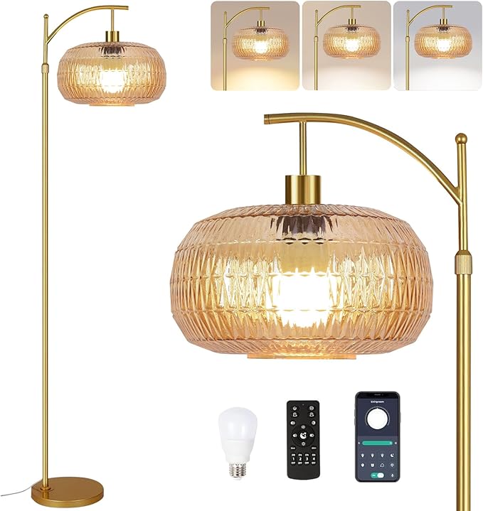 QIYIZM Glass Floor Lamp for Living Room,Bedroom,Gold Dimmable Standing Lamp with Remote,Mid Century Modern Brass Tall Lamp Retro Vintage Lamp Floor Light Boho Bohemian