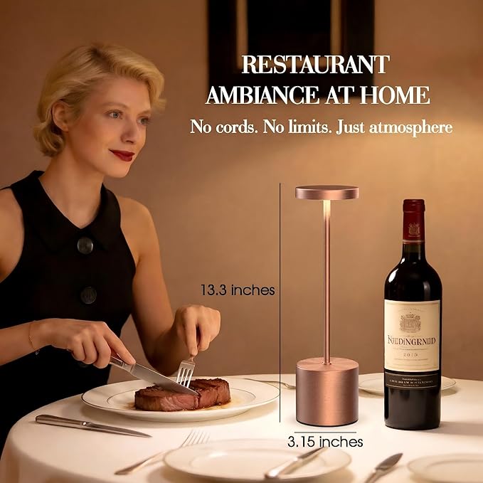 AUDLES Cordless Table Lamp, 5000mAh Rechargeable Lamp with Touch Control & Stepless Dimming, 3 Light Modes, IP54 Waterproof Portable Light for Dining Table, Patio, Bathroom, Power Outage (Rose Gold)