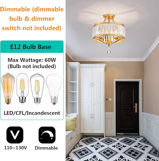 Modern 3-Light K9 Crystal Chandelier Ceiling Light, Handmade Crystal Gold Ceil Light Fixture for Dining Room, Living Room, Bedroom, Gold Frame, E12 Socket, D13inch*H17inch