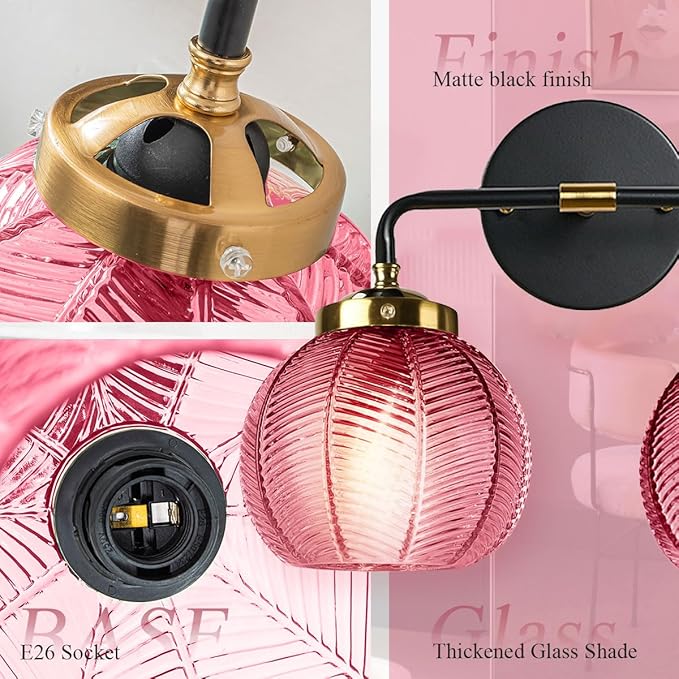 Bathroom Lighting fixtures Modern Vanity Lights Red Ribbed Glass Shade 2-Lights Over Mirror Wall Sconce Vintage Gold Bathroom Light fixtures Black Wall Mount Light Farmhouse Sconces
