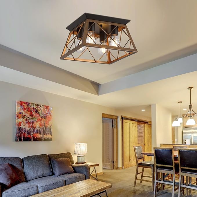 Q&S Semi Flush Mount Vintage 4-Light Bronze Farmhouse Ceiling Light Geometric Rustic Island Light Fixtures for Entryway Hallway Dining Room Living Room Bedroom