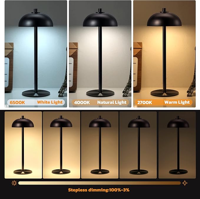 Cordless Table Lamp Rechargeable - 5000mAh Battery Powered Table Light, 3 Color Stepless Dimmable LED Table Lamp with Memory Function for Indoor, Outdoor, Dinner, Home, Restaurant.(Black)