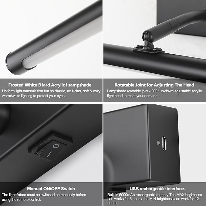 Picture Light for Wall Battery Operated, 12" Rechargeable Art Light with Remote and Timer for Painting, 3 Color Temps, Wireless Wall Light for Display, Artwork, Portrait, Gallery, Black