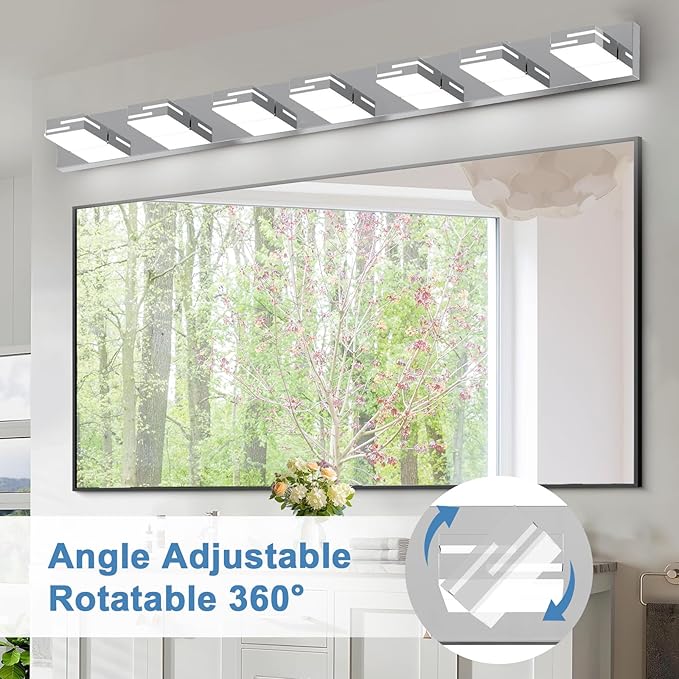 LED Modern Bathroom Vanity Light Fixtures, 7-Light 48-inch Dimmable Chrome Vanity Lights for Bathroom Lighting Fixtures Over Mirror, with 360° Rotatable Heads (Cool White 6000K)