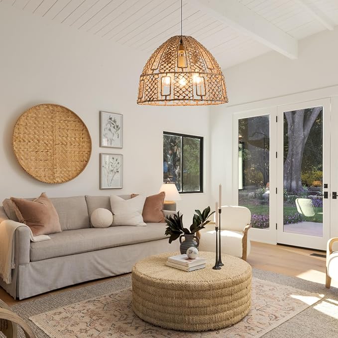 17.71" Rattan Pendant Light,Boho Hand Woven Wicker Hanging Light Seagrass Rattan Chandelier for Dining Living Bedroom