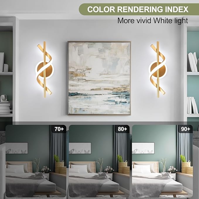 EIDISUNY LED Wall Sconces Indoor, 12W LED Wall Mount Lights, Modern Spiral Wall Lamp, 6000K Cold Light Fixture for Stairs, Living Room, Bedroom, Aisle, Hallway (Cold White, Gold)