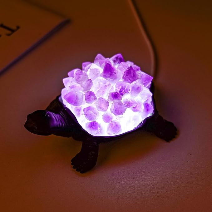 Runyangshi Natural Amethyst Tooth Turtle Night Lamp Healing Crystal Bedroom Bedside Table Lamp USB Port Home Decor Women Men Gift