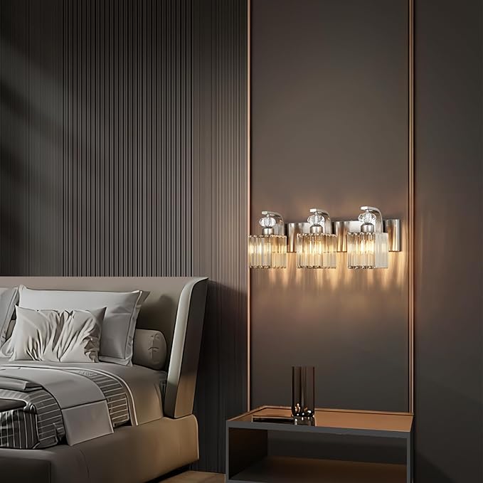 Modern Bathroom Vanity Light, 3-Light Nickel Bathroom Lighting Fixtures Over Mirror, 20.5" Crystal Wall Light Sconce for Bathroom/Bedroom/Vanity, Includes LED Bulbs, Easy Installation