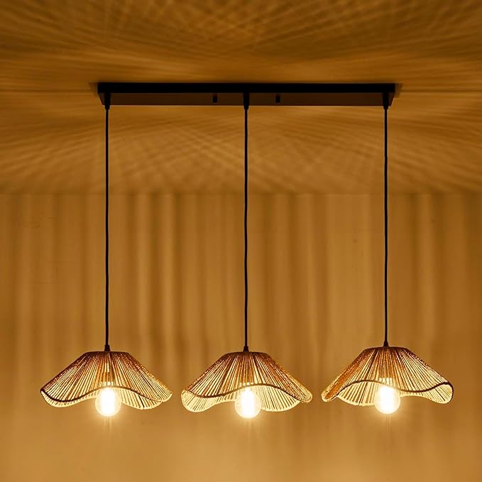 TERLEENART Bobo 3 Light Pendant Light, Hard Wired Hanging Chandelier with 12” Flower Paper Rope Rattern Shade,Suspended Lighting Fixture for for Kitchen Island Dining Bedroom Living Room Restaurants