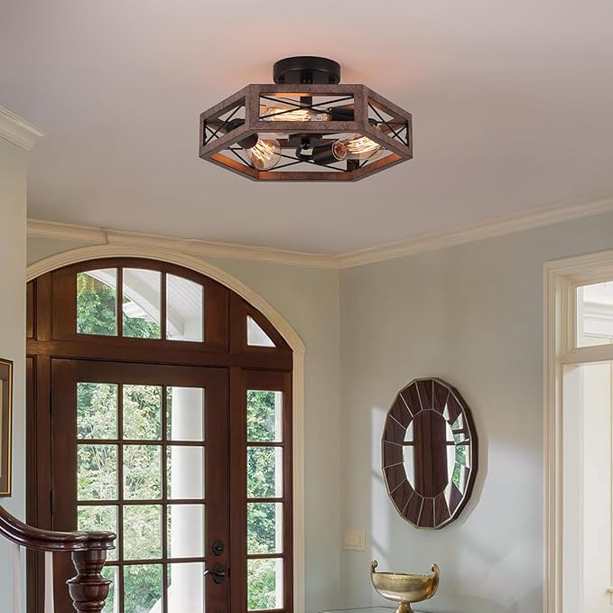 3-Light Rustic Farmhouse Metal Flush Mount Ceiling Light Fixture 14.5 inch Antique Oak Hexagon Cage Semi Flush Mount Ceiling Light for Hallway Hall Entry Bedroom Kitchen Farmhouse, Black