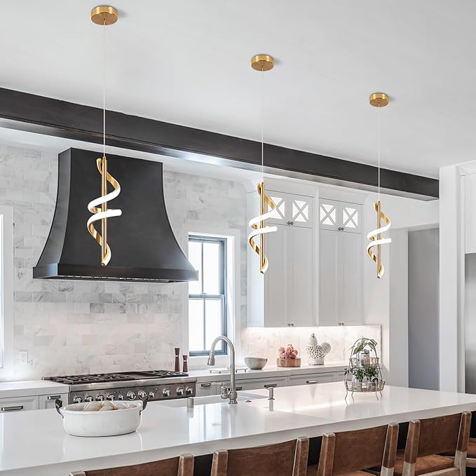 Spiral Led Pendant Light Fixtures, 5500K Gold Modern Led Pendant Lamp Kitchen Island, Adjustable Height Kitchen Island Lights Fixtures for Kitchen Island Dining Room Bedroom Sink, 3 Packs