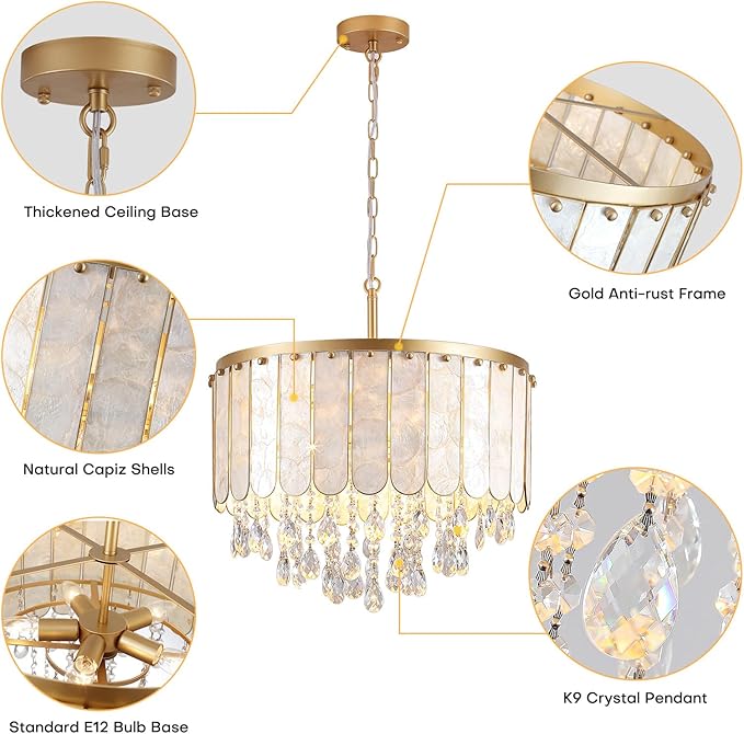 Gold Modern Capiz Shell Ceiling Light Fixture, 5-Light Drum Coastal Pendant Light with Crystals for Kitchen Island, Dining Room, Bedroom, Living Room, Bathroom, Foyer | 2-Tiered Flush Mount Chandelier