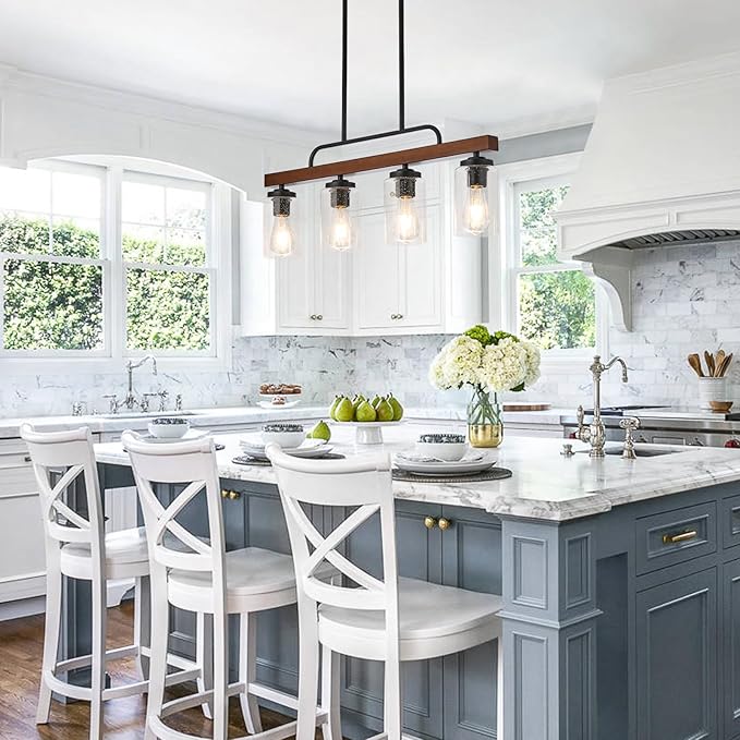 Farmhouse Dining Room Light Fixture, 4-Light Wood Kitchen Island Lighting, Industrial Chandeliers for Dining Room Over Table Black Pendant Light with Seeded Glass Shade for Bar Restaurant
