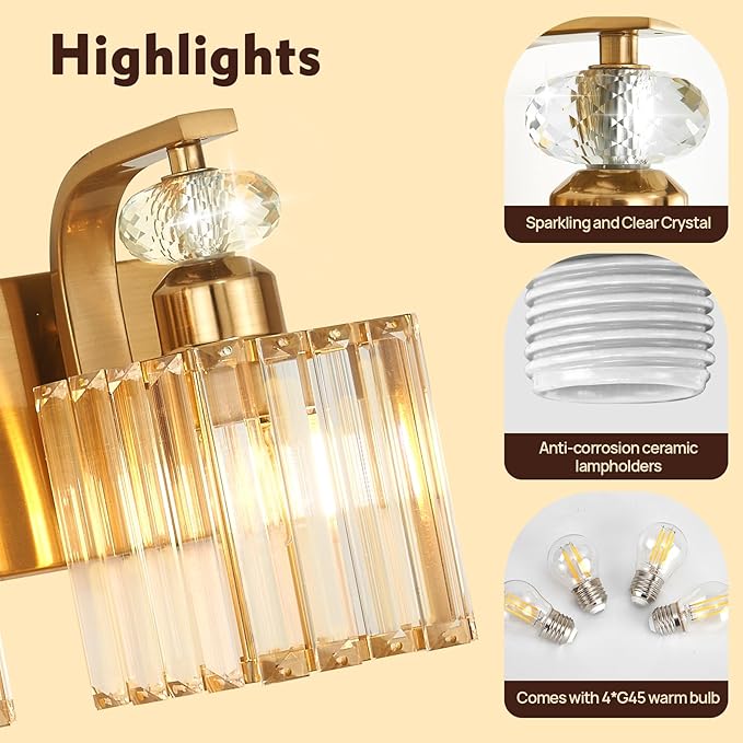 Modern Bathroom Vanity Light, 4-Light Gold Bathroom Lighting Fixtures Over Mirror, 28.4" Crystal Wall Light Sconce for Bathroom/Bedroom/Vanity, Includes LED Bulbs, Easy Installation