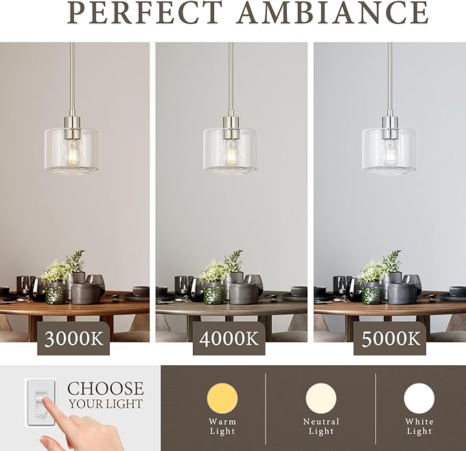 Brushed Nickel Pendant Lights Kitchen Island 2 Pack, Modern Clear Glass Hanging Light Fixtures with Rods, Mini Kitchen Pendant Lighting Over Island for Sink Bathroom, OS-YQ8153-2PBNC