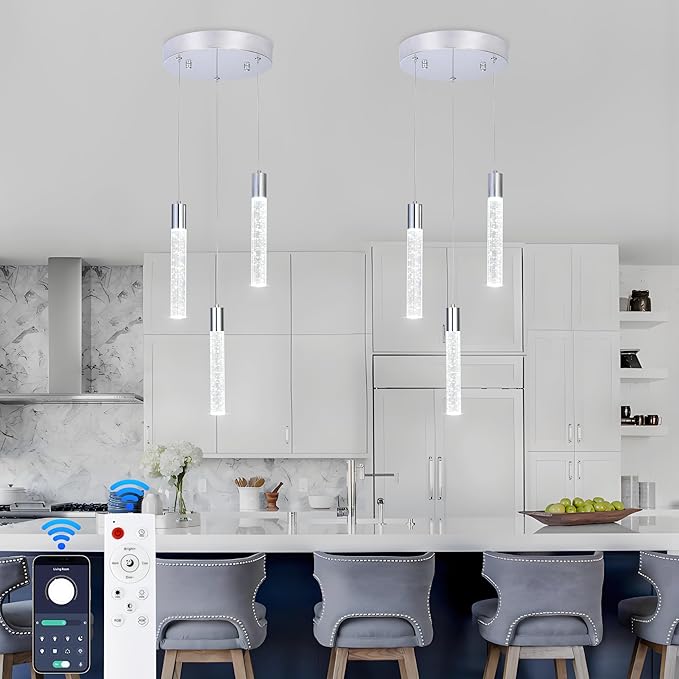 3-Light Bubble Crystal Ceiling Chrome Integrated Crystal Pendant Chandelier,Dimmable LED Ceiling Light with Adjustable Height for Kitchen Island, Dining Room & Bedroom 3000K -6000K