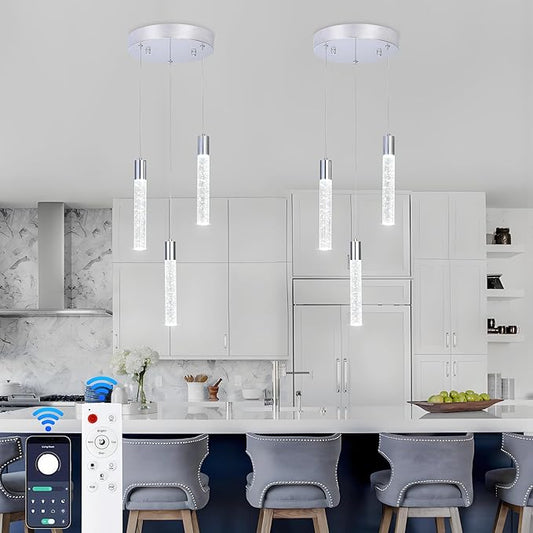 3-Light Bubble Crystal Ceiling Chrome Integrated Crystal Pendant Chandelier,Dimmable LED Ceiling Light with Adjustable Height for Kitchen Island, Dining Room & Bedroom 3000K -6000K