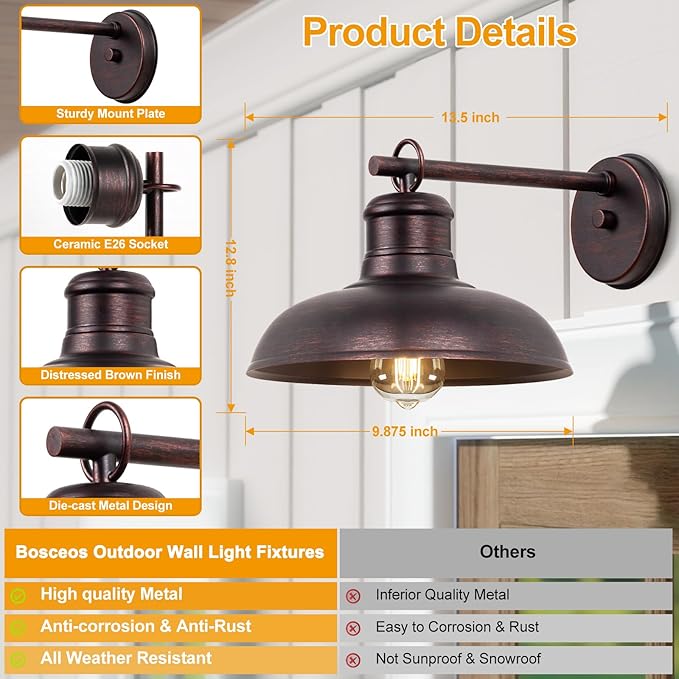 Bosceos Outdoor Wall Lights 2 Pack, Farmhouse Barn Light, Vintage Outside Wall Mount Light Fixture, Waterproof Outdoor Light for House Garage Patio Porch Doorway, Distressed Brown