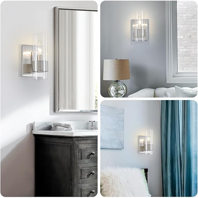 WUZUPS Set of 2 1-Light Bathroom Wall Light Fixture Over Mirror Flat Class Shade Morden Vanity Scones for Bathroom Bedroom Living Room, E12 Base, Brushed Nickel