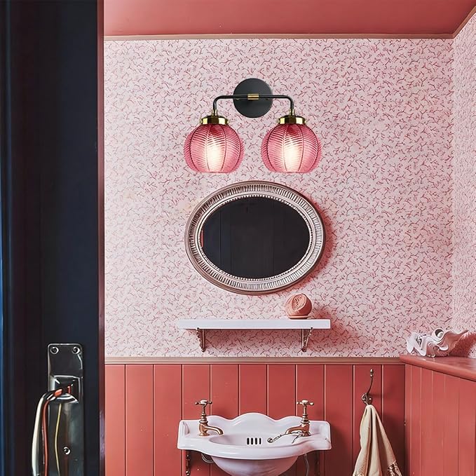 Bathroom Lighting fixtures Modern Vanity Lights Red Ribbed Glass Shade 2-Lights Over Mirror Wall Sconce Vintage Gold Bathroom Light fixtures Black Wall Mount Light Farmhouse Sconces