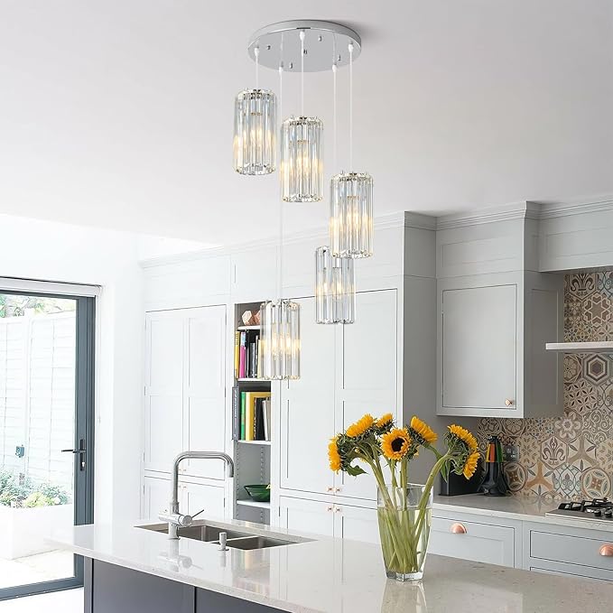 Chrome Pendant Lighting Modern Pendant Light, Mini Crystal Chandeliers,Adjustable Pendant Light Fixture for Kitchen Island Dinning Room Corridor Bedroom(Chrome 5-Light)