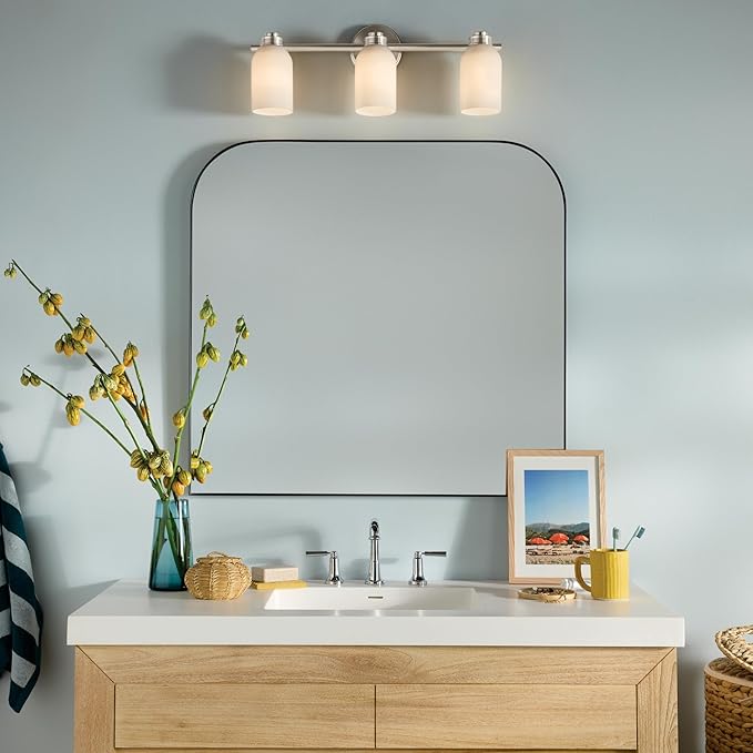 Kichler Shae 3-Light Bathroom Vanity Light Fixture with White Opal Glass, Modern 24.25 in Wall Mount Light Over Mirror in Brushed Nickel for Powder Room (24.25 in W x 9 in H), 55202NI