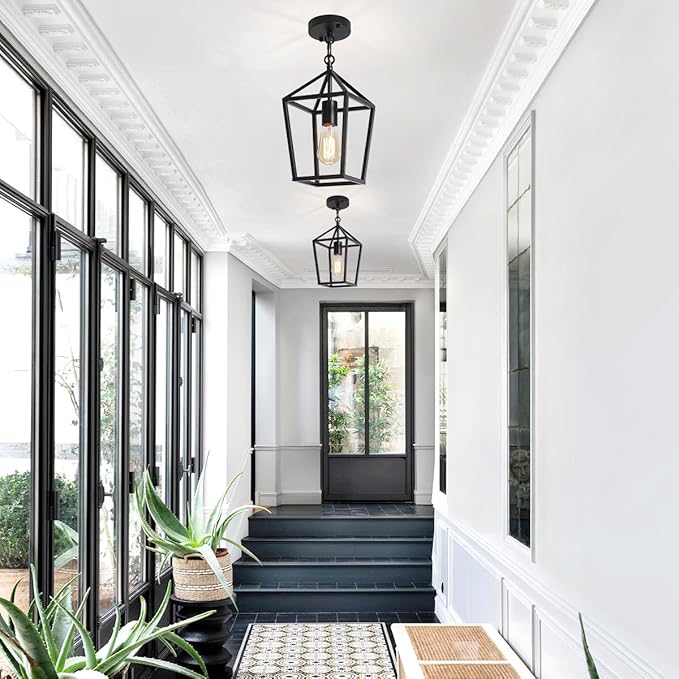 Black Pendant Lights Over Island Farmhouse Kitchen Hanging Light Fixtures Modern Glass Hallway Pendant Light Industrial Metal cage Adjustable Mini Chandeliers for Dining Room Bathroom Foyer