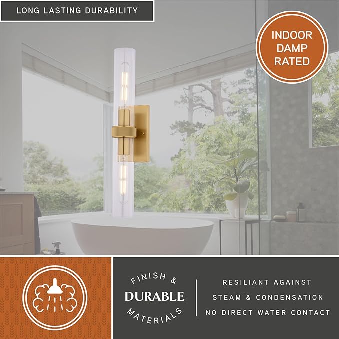 VAXCEL Bari 2-Light 4.5 in. Wide Satin Brass Contemporary Wall Sconce, Clear Glass Shade, Dimmable, LED Compatible, Vertical or Horizontal Mount, Steel Bathroom Vanity Lighting Fixture